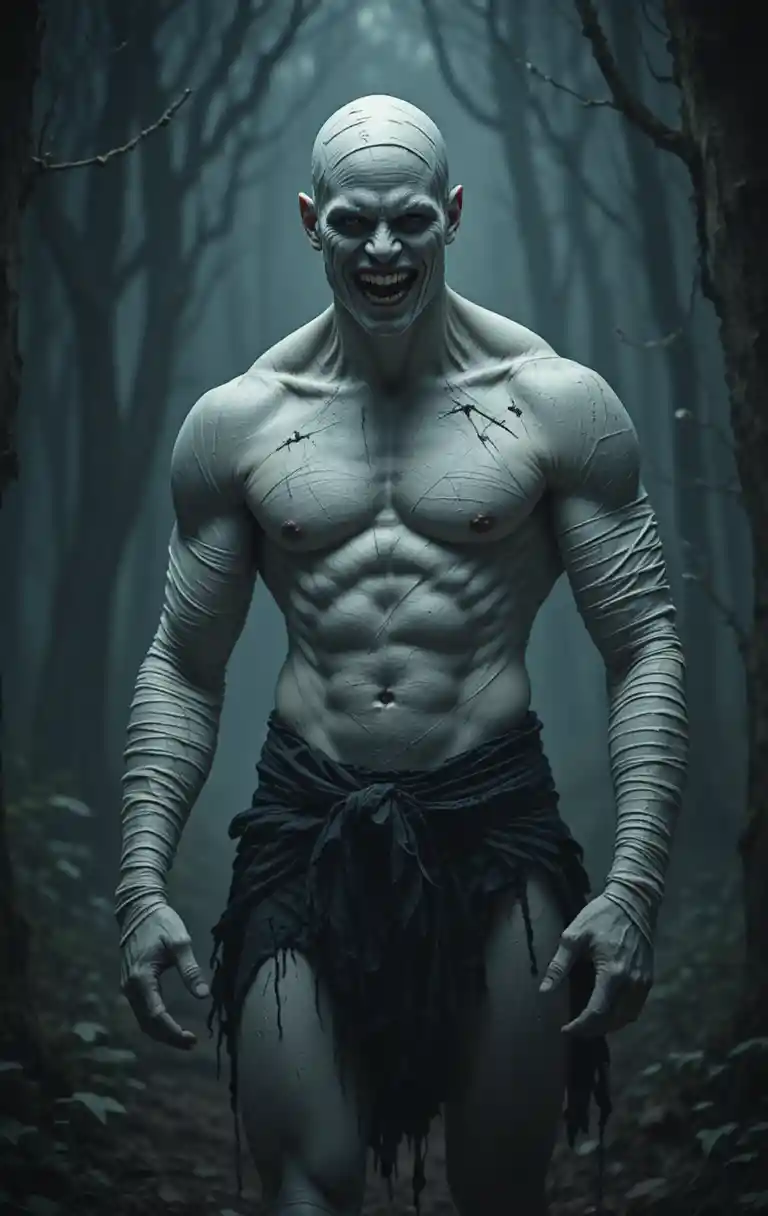 Homme musclé bandé souriant dans une sombre forêt fantastique