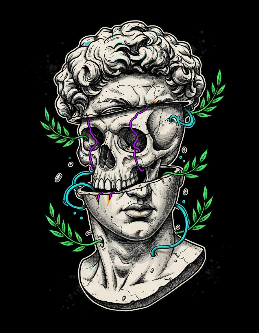 Greco Roman marble bust split to reveal neon skull core
