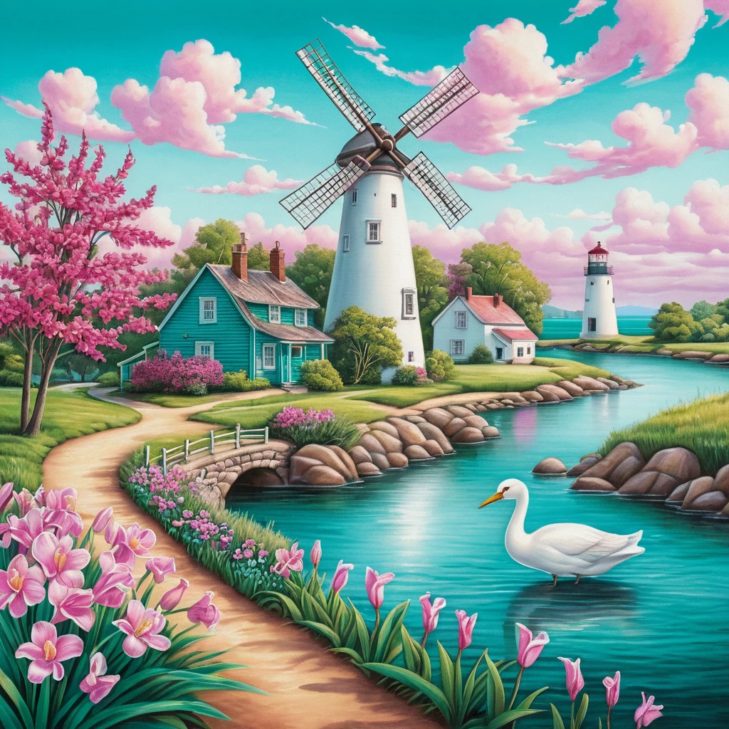 Sommerlicher Fluss-Leuchtturm mit Windmühlen und pinken Blumen
