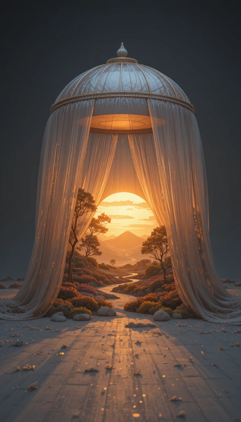 Diorama di alba dorata sotto un vasto baldacchino trasparente