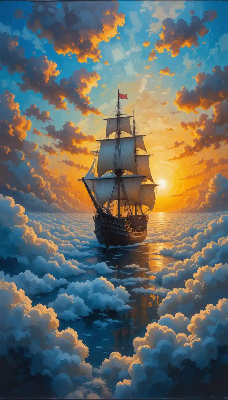 Surreal Warship Sailing As A Cloud Mirage At Sunset