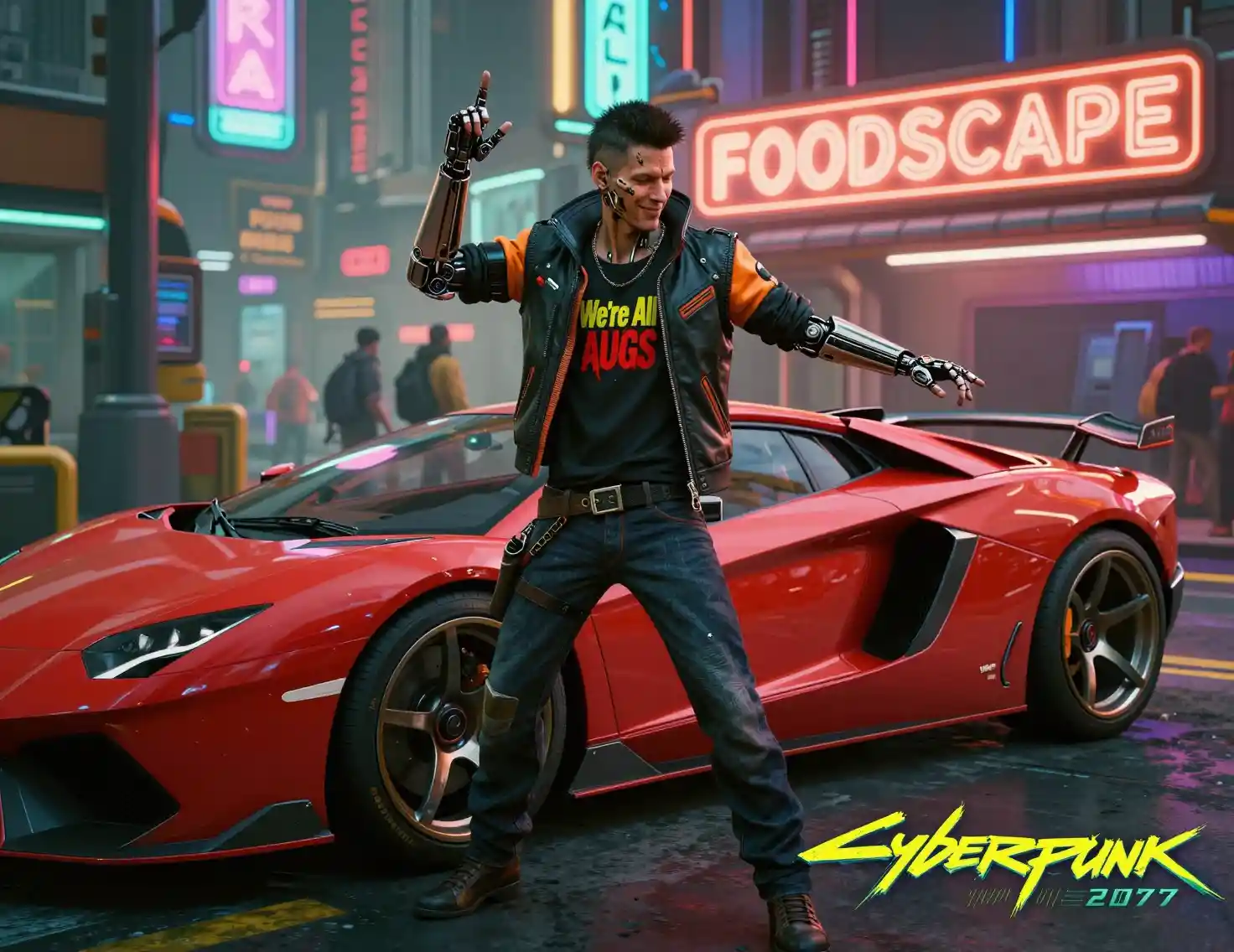 Cyberpunk man dancing beside a futuristic red sports car