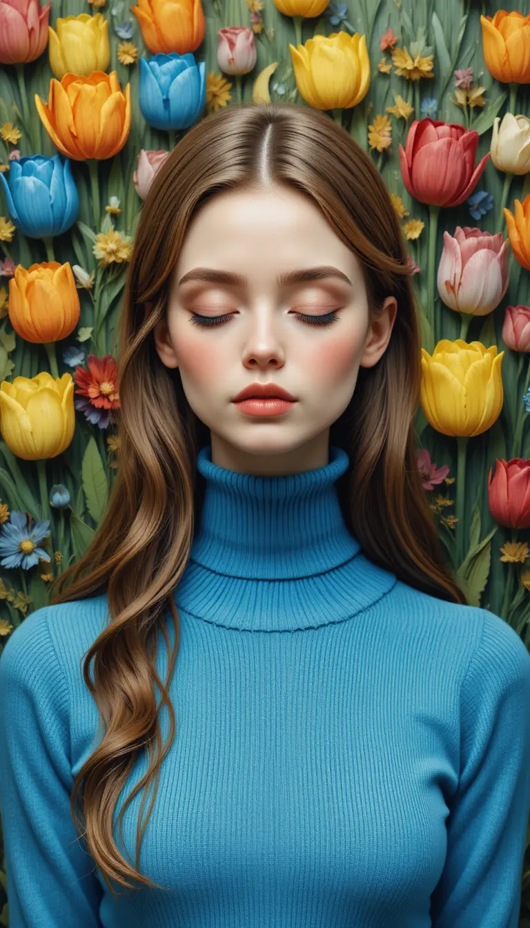 Embroidered girl with tulips in a dreamy floral garden