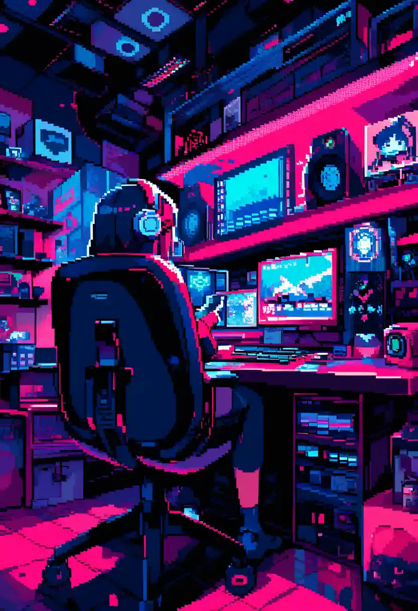Gamer girl en pixel art dans une chambre néon à l’ambiance mélancolique