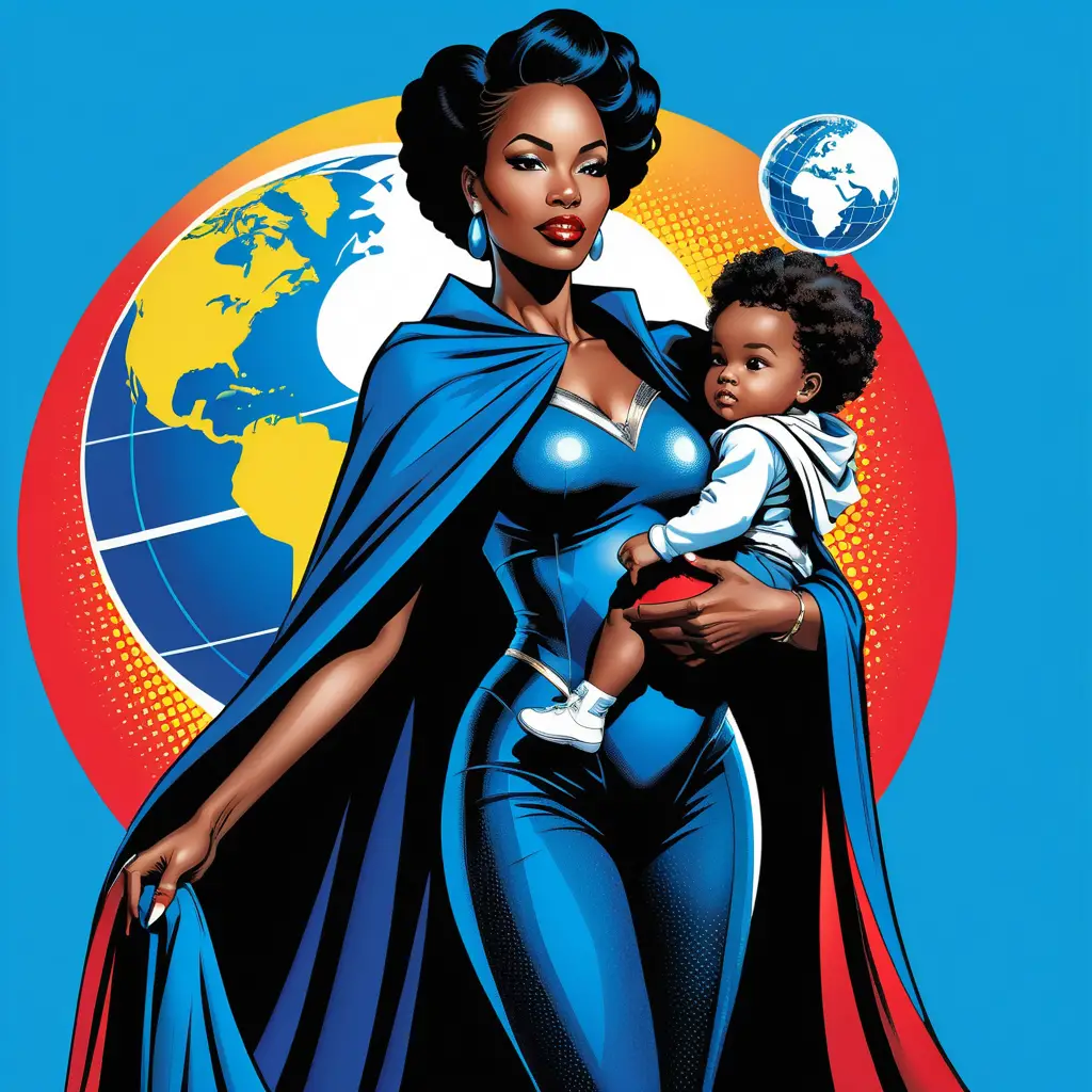 Mère noire en cape bleue équilibrant le globe et son enfant