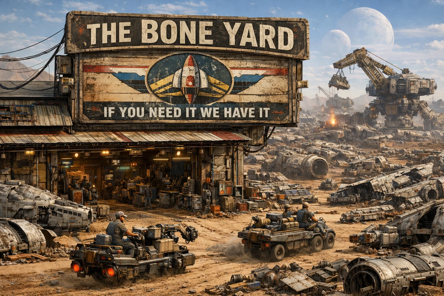 Vast desert spaceship scrapyard with towering salvage machinery