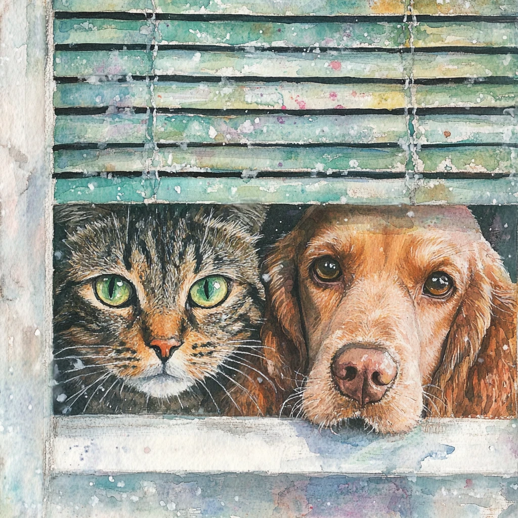 Cat and dog watching through pale green venetian blinds