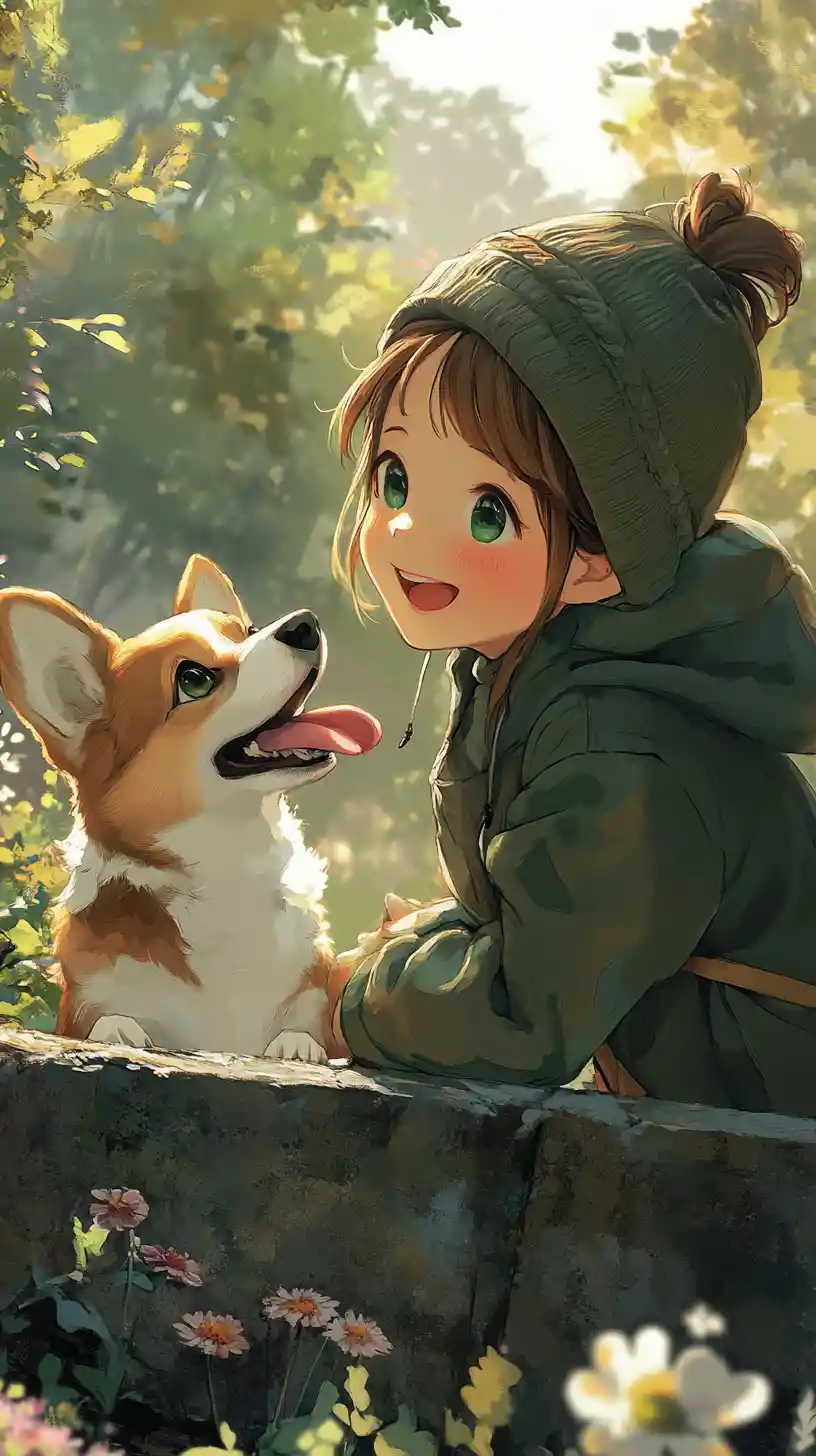 Smiling anime girl playing with a friendly corgi