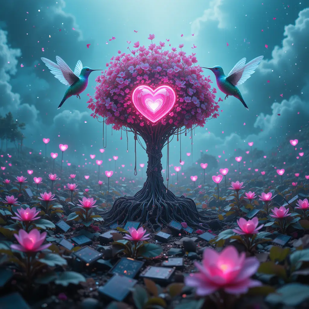 Surreal cyber garden with server tree and robot hummingbirds