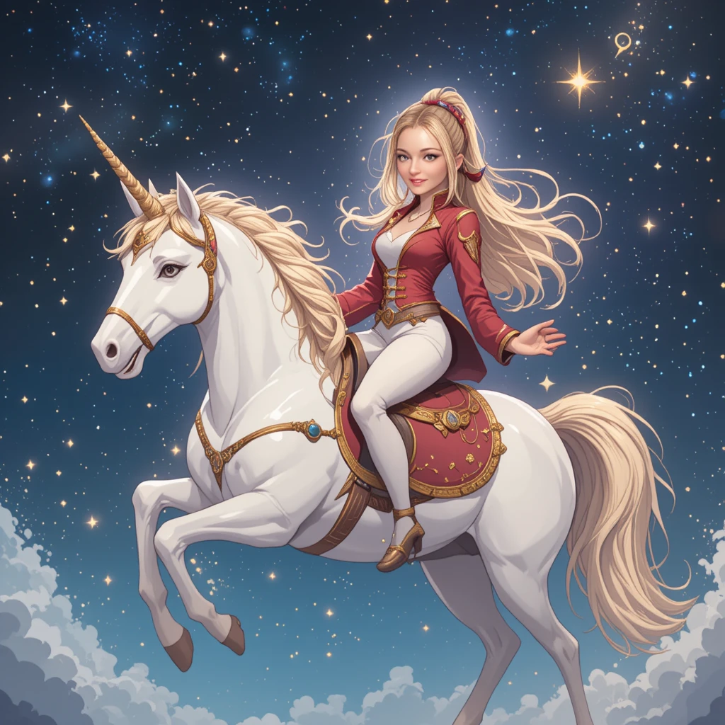 Horsewoman riding a white unicorn through a starry sky