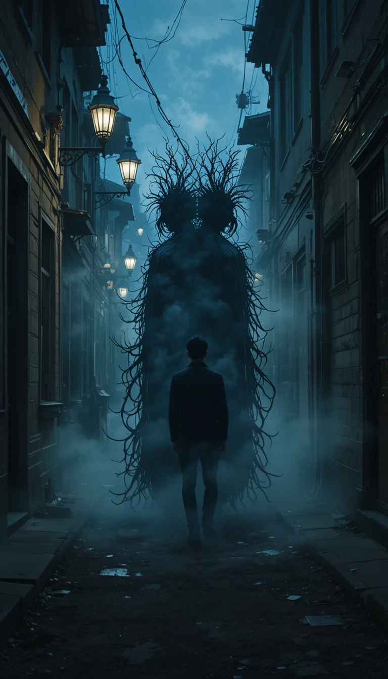 Silueta solitaria en un callejón oscuro al atardecer con doble inquietante
