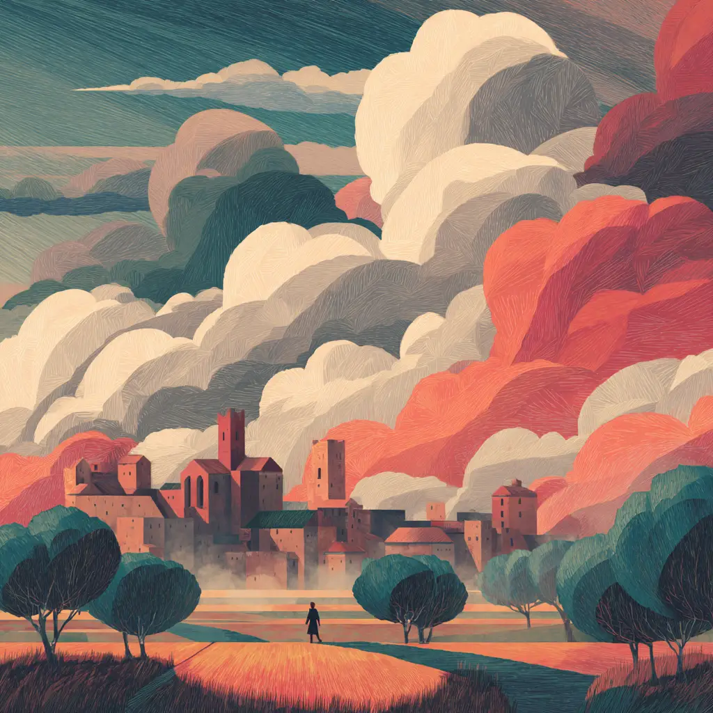 Surreal cathedral floating in a sky of clouds and crayons