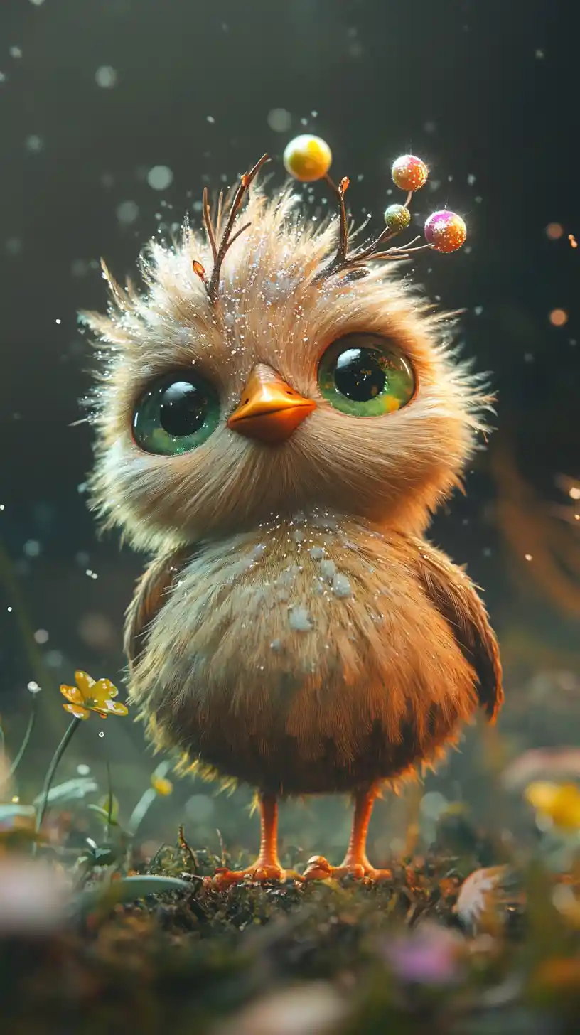 雨の花畑にいるふわふわのかわいいひよこのイラスト