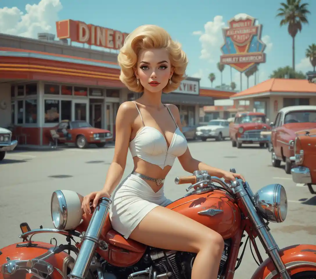 Playful pin up woman on futuristic motorcycle at diner