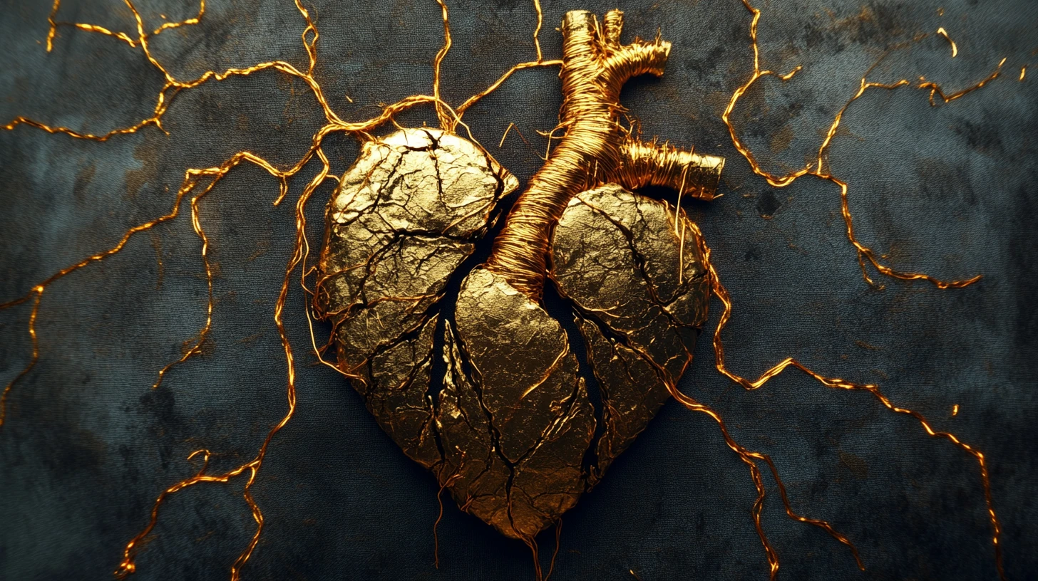 Golden thread mending a torn fabric human heart silhouette