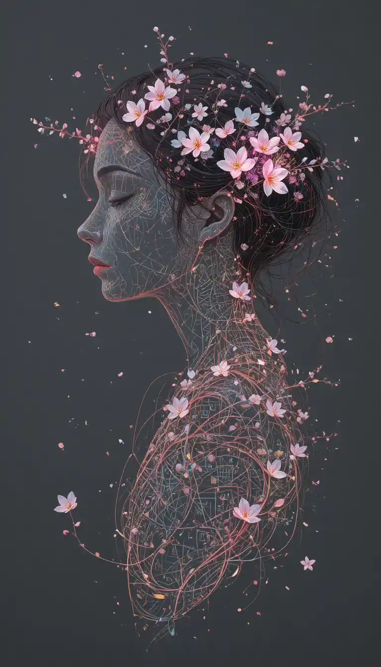 Disegno lineare minimalista di una donna giapponese con bagliore di sakura
