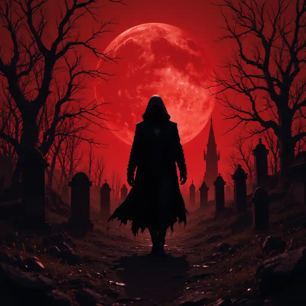 Figura oscura che cammina in un cimitero sotto la luna di sangue