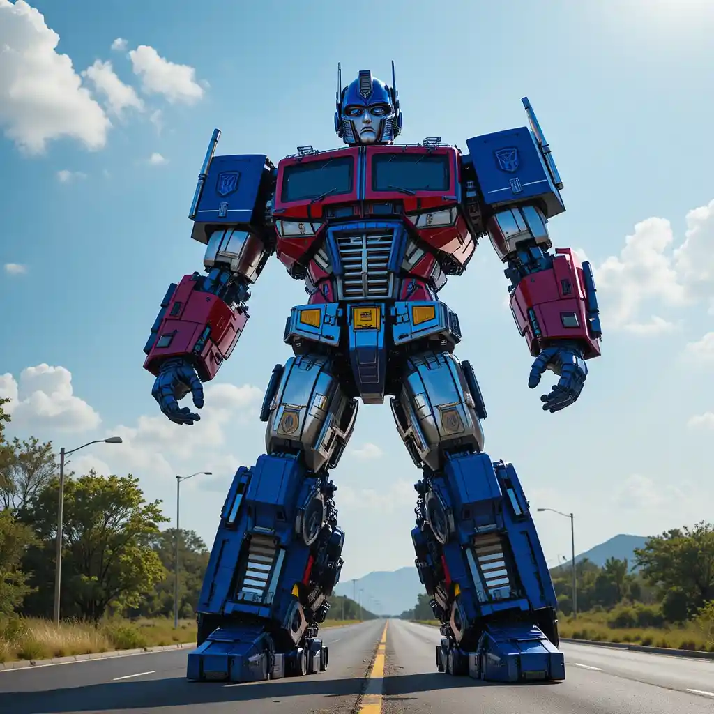 Giant Blue And Red Robot Standing On City Street
