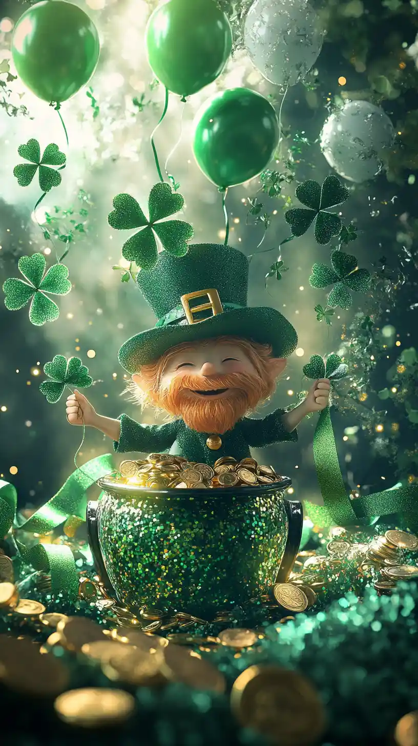 Cute leprechaun with pot of gold in festive glitter scene
