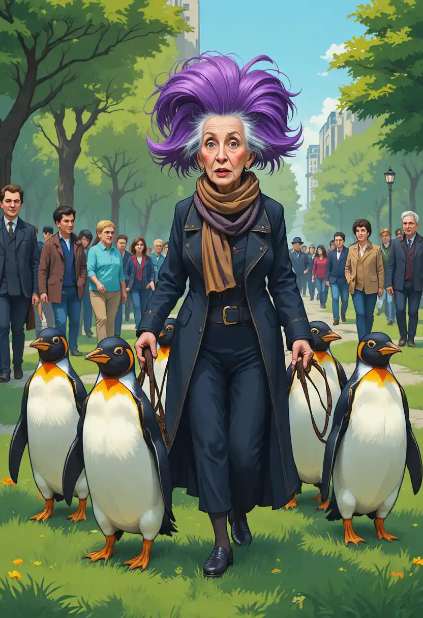 Eccentric old woman walking penguins in a busy city park