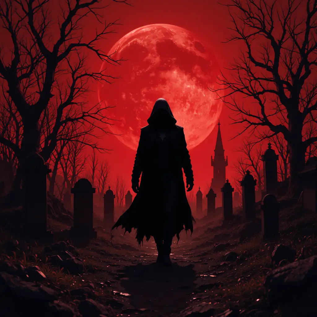 Shadowy figure walking through a graveyard under blood moon