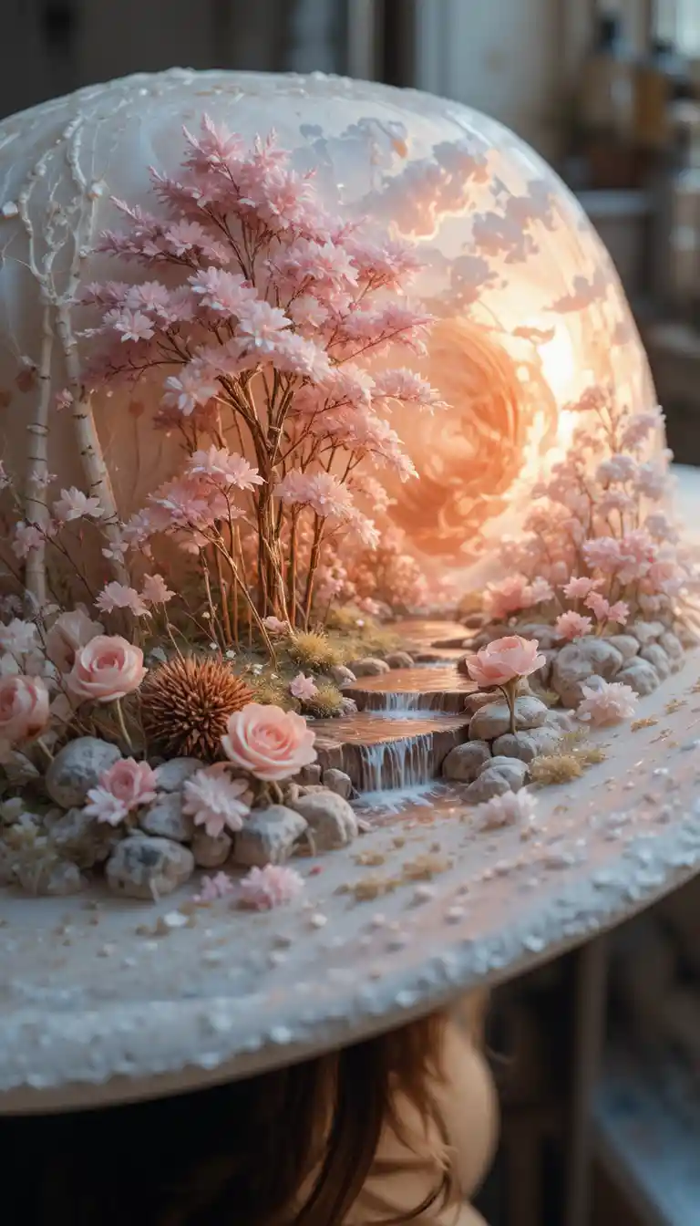 Rustic eco decor hat with glowing floral miniature landscape