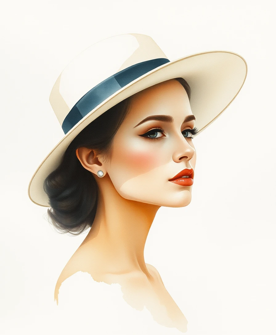 Minimal watercolor portrait of a woman in a bolero hat