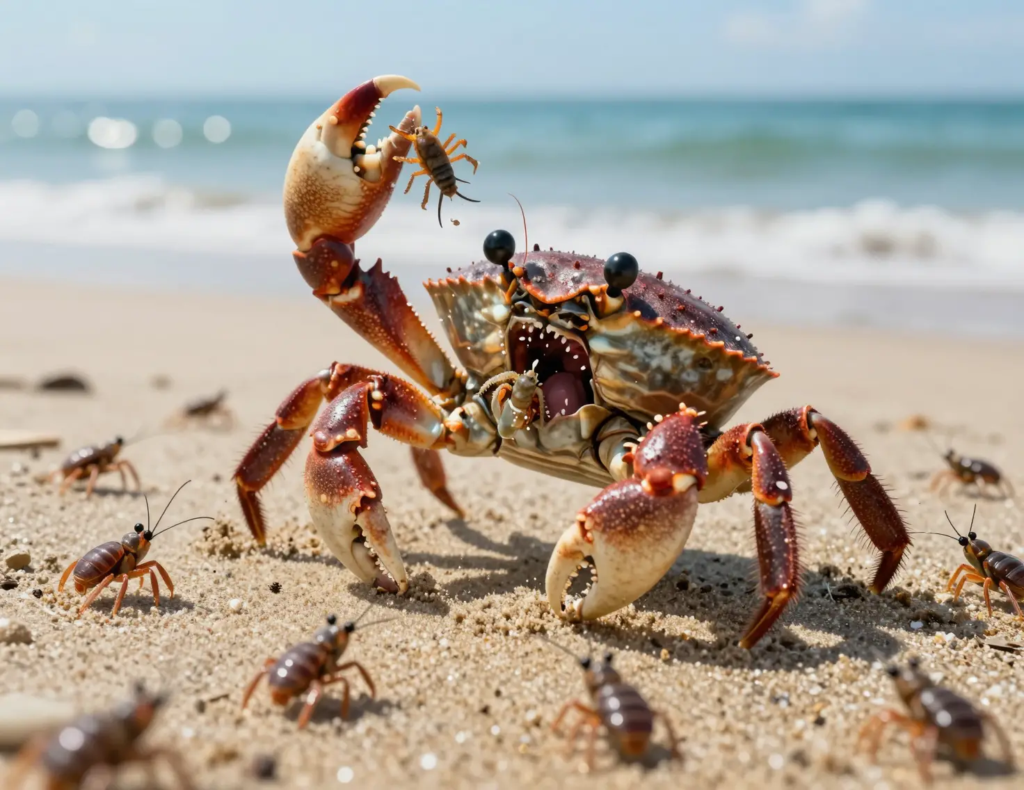 Terrifying crab emerging from the ocean onto a sandy beach