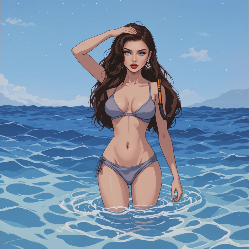Woman in gray bikini standing in shallow ocean water