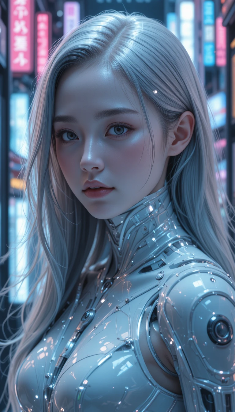 Portrait futuriste d’androïde féminine dans un intérieur éclairé au néon