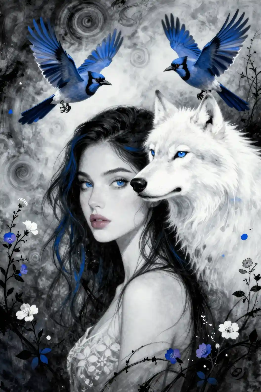 Ink portrait of blue eyed woman with white wolf