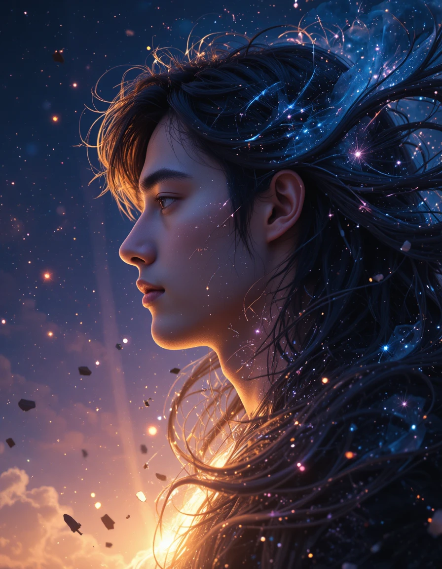 Young man profile dissolving into a cosmic night sky