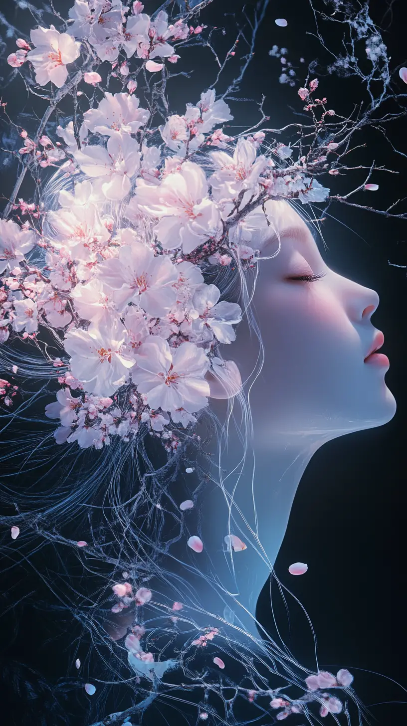Ethereal woman in profile with glowing cherry blossoms