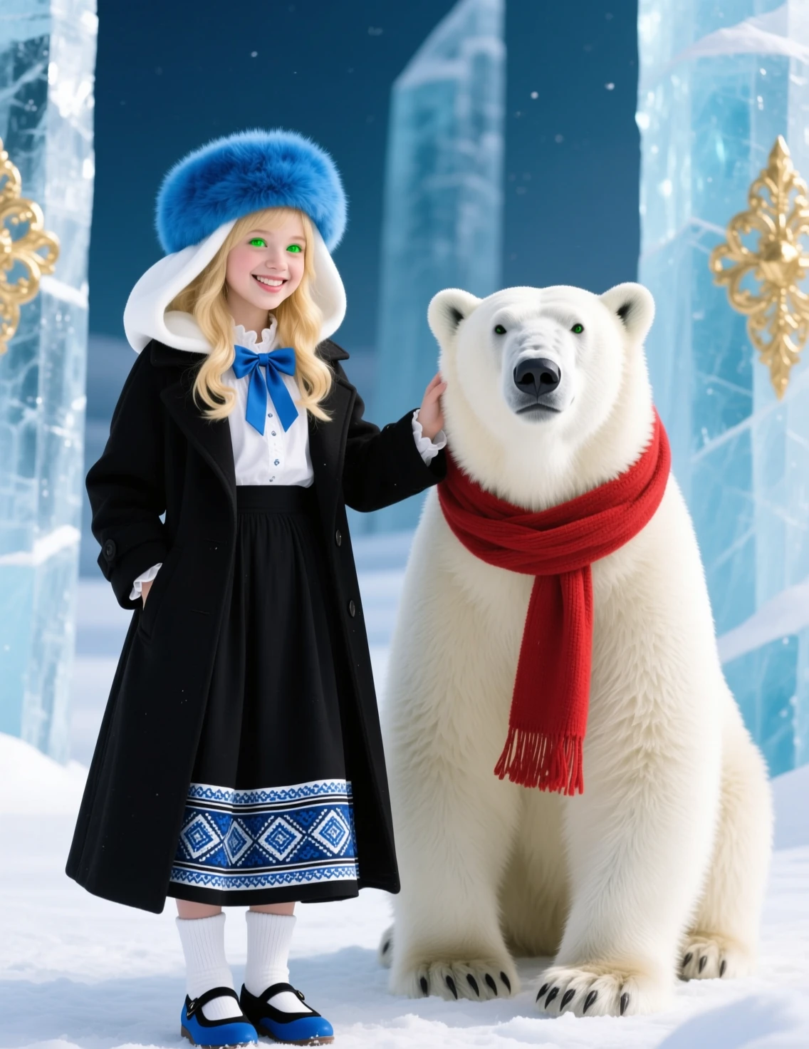 Girl With Polar Bear In Blue Winter Outfit