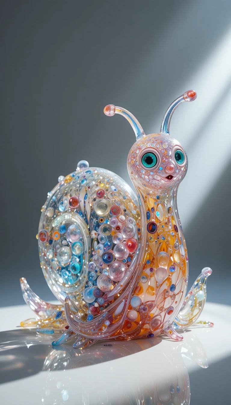Cheerful glass snail sculpture in glowing macro close up
