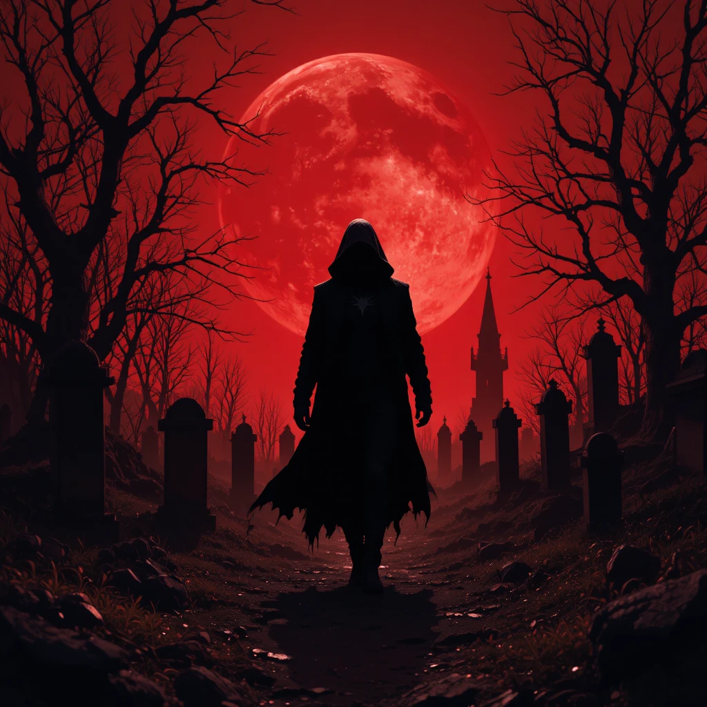 Figura oscura che cammina in un cimitero sotto la luna di sangue