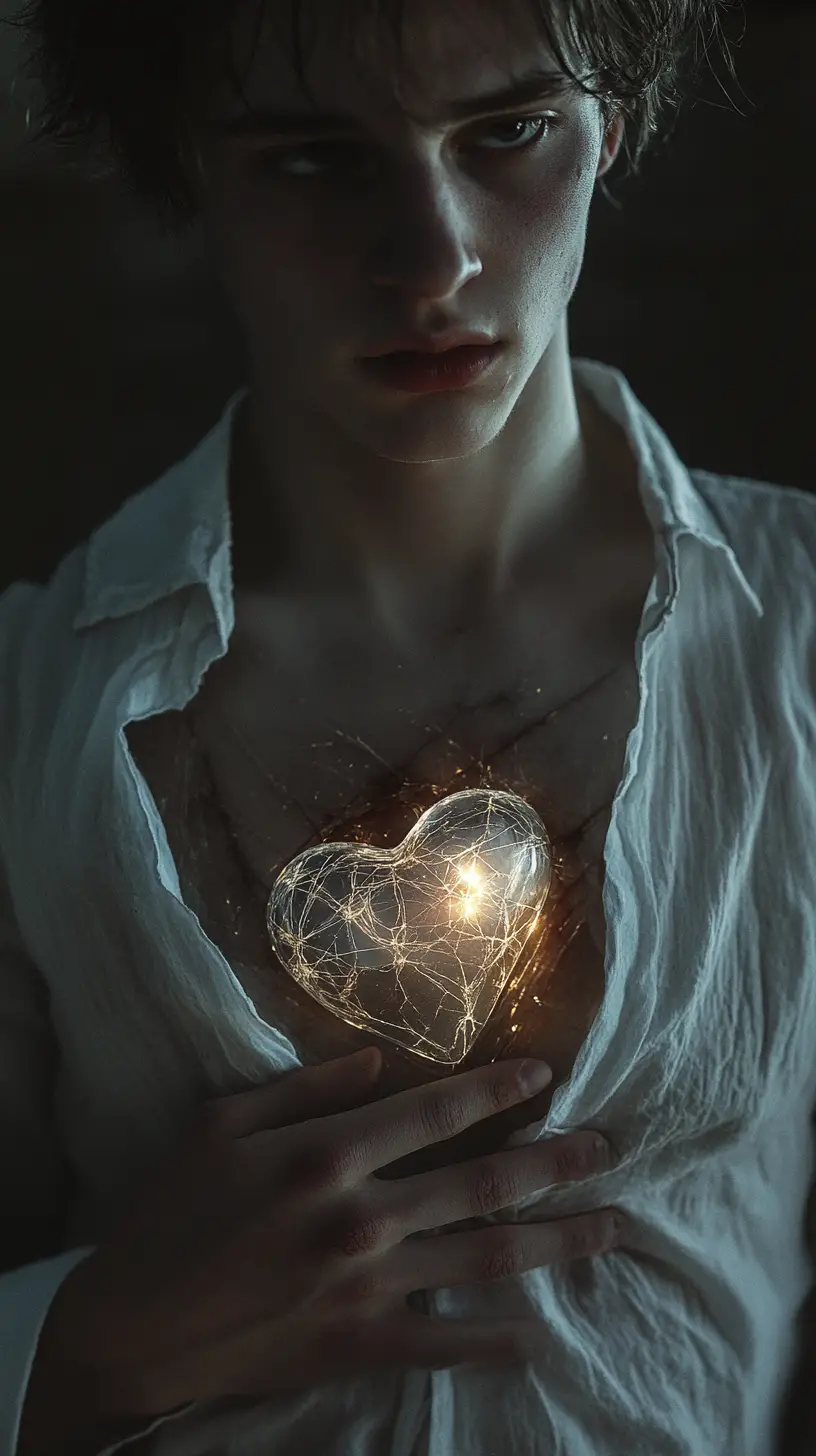 Surreal portrait with transparent chest and glass heart