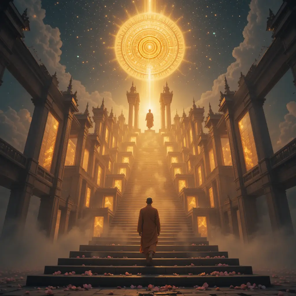 Monje ascendiendo por radiantes puertas cósmicas hacia la luz de Buda