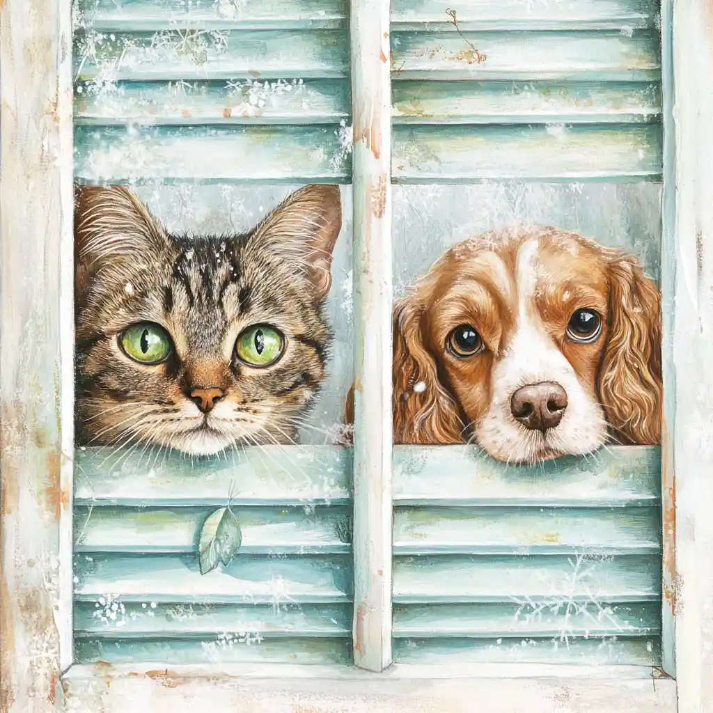 Cat And Dog Watching Through Pale Green Window Blinds