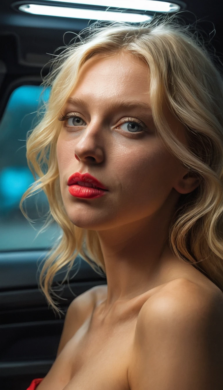 Blonde woman posing in a dark suv driver seat at night