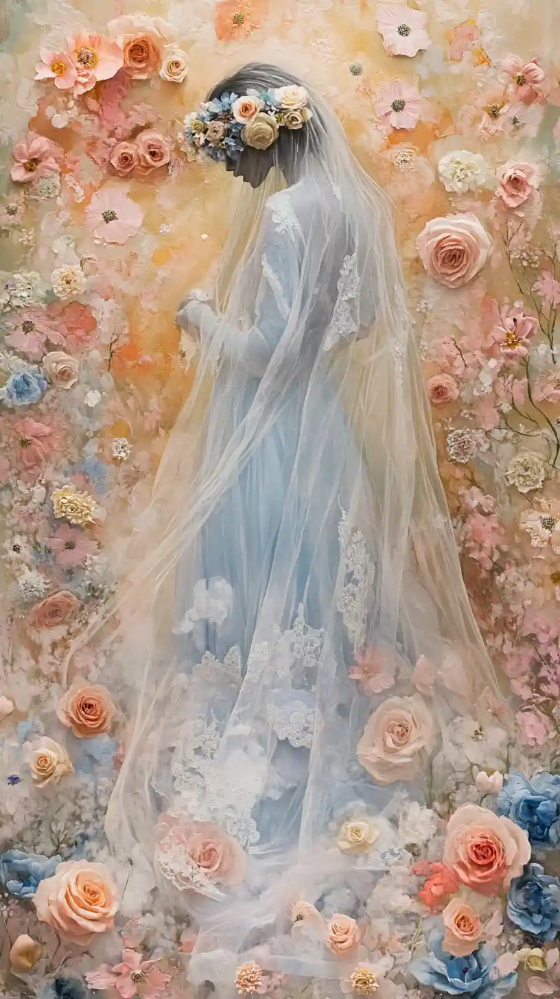 Ethereal woman in silk robes in a luminous flower garden