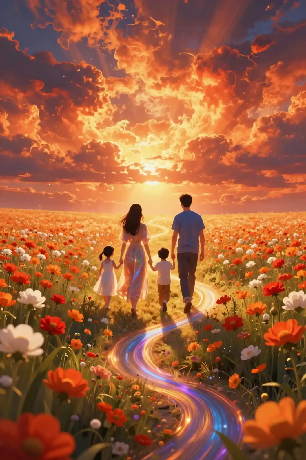 Family walking toward light through a glowing flower field
