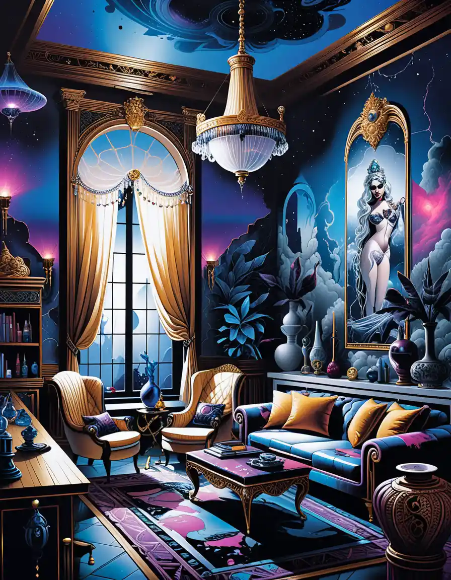 Dark fantasy manor interior with ornate mystical decor