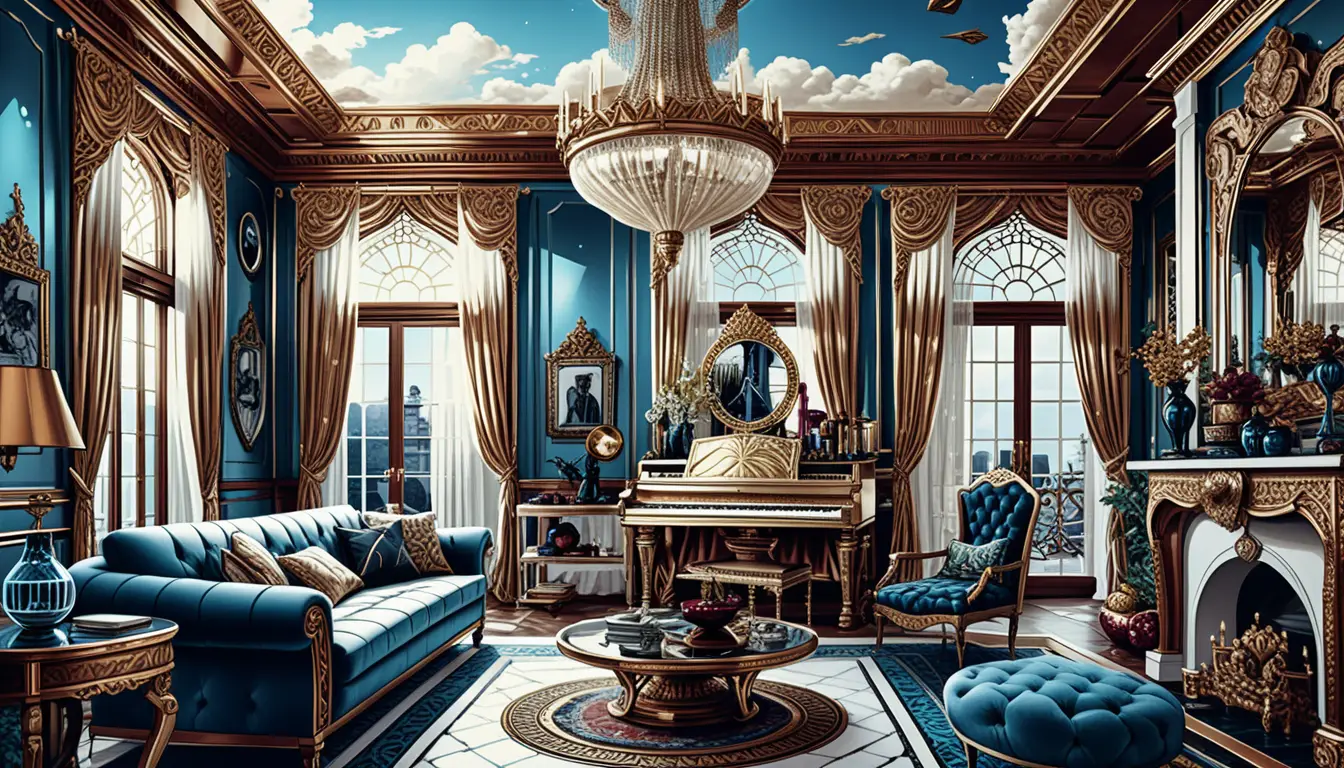 Dark fantasy manor room with ornate luxurious interior