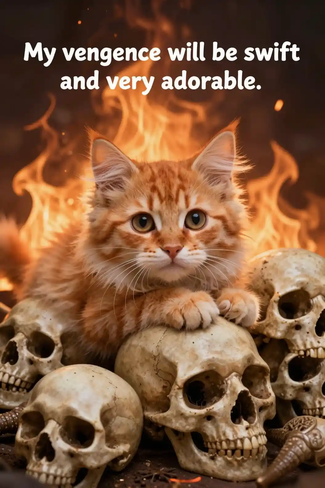 Cute orange kitten on skulls with blazing fiery background