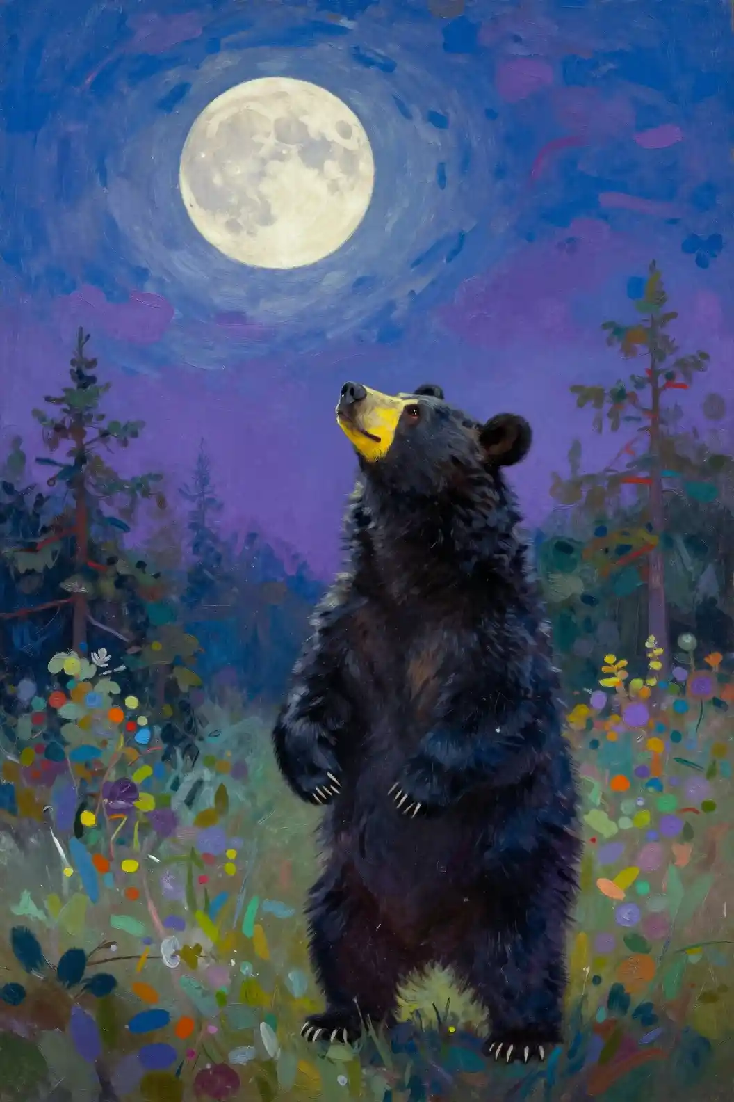 Black bear standing under a glowing full moon