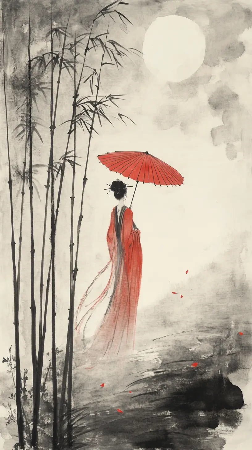 Woman in red robe beneath bamboo under a full moon