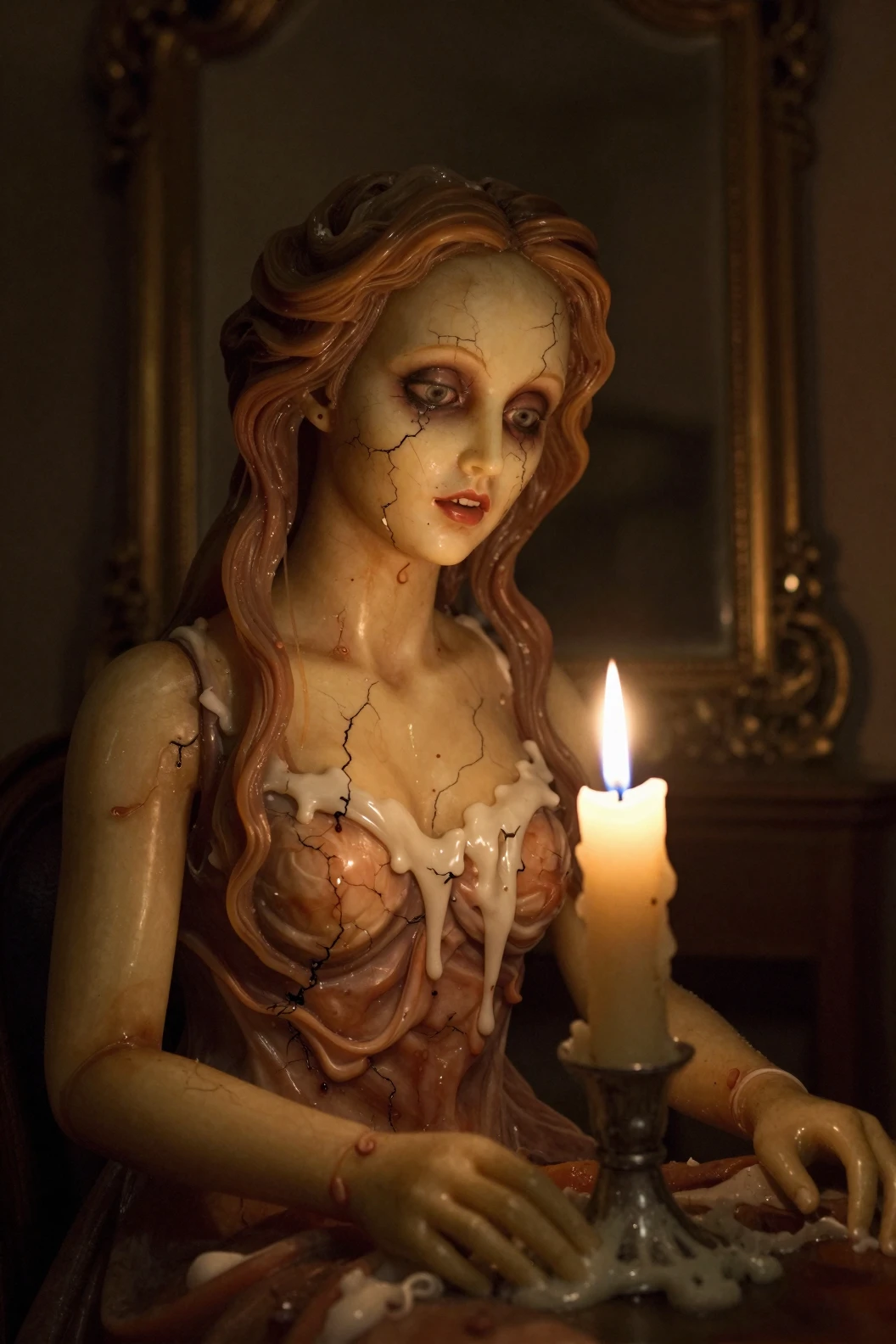 Inquietante figura di cera che si scioglie accanto a una candela luminosa