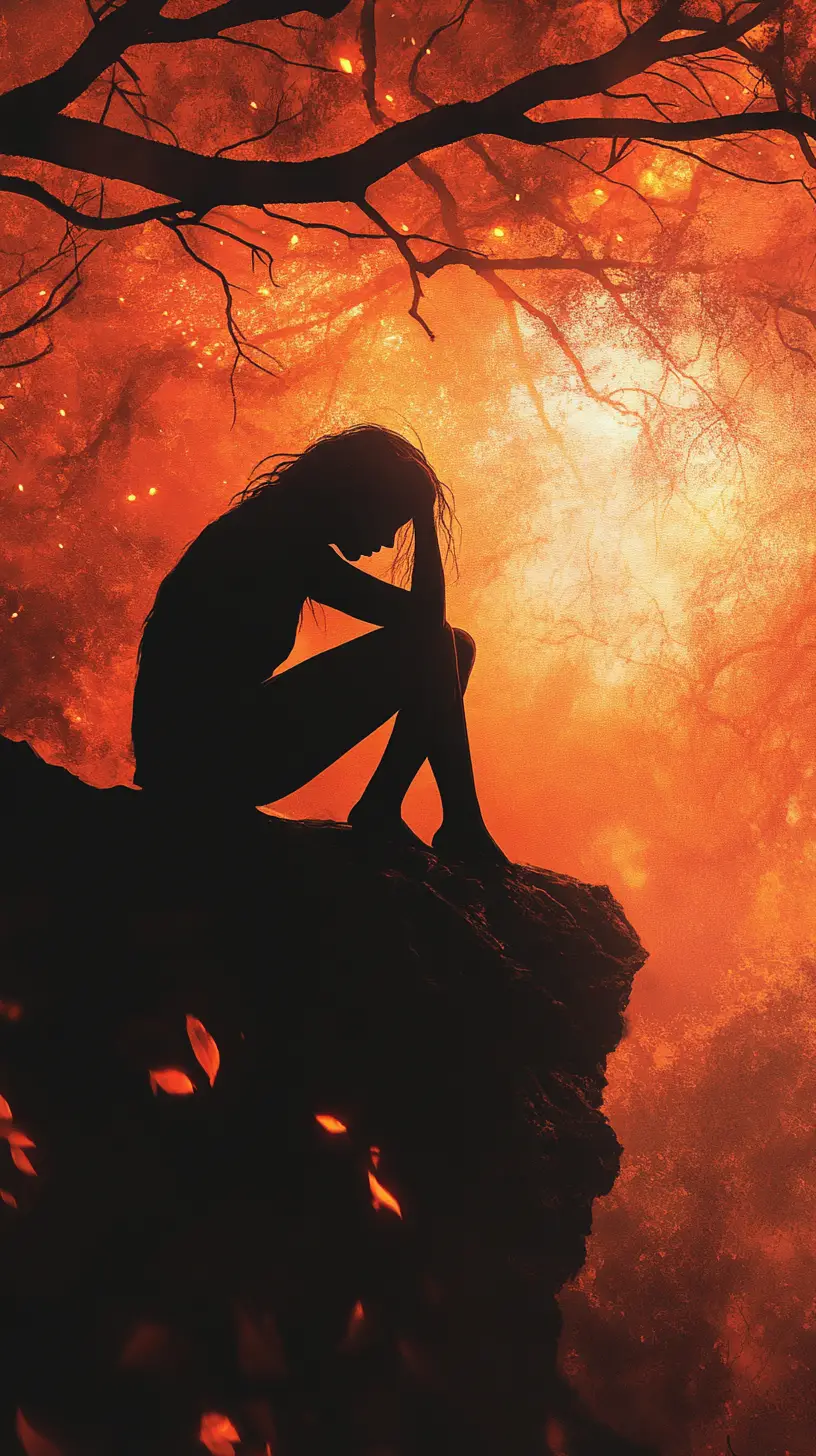 Silhouette einer Frau auf einem Felsen im feurig orangefarbenen Gegenlicht