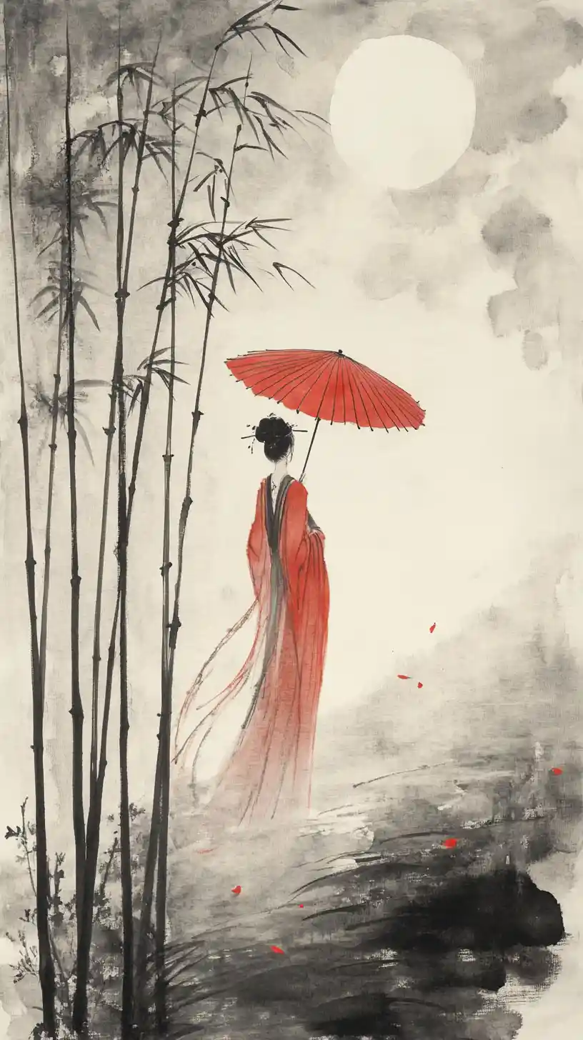 Woman in red robe beneath bamboo under a full moon